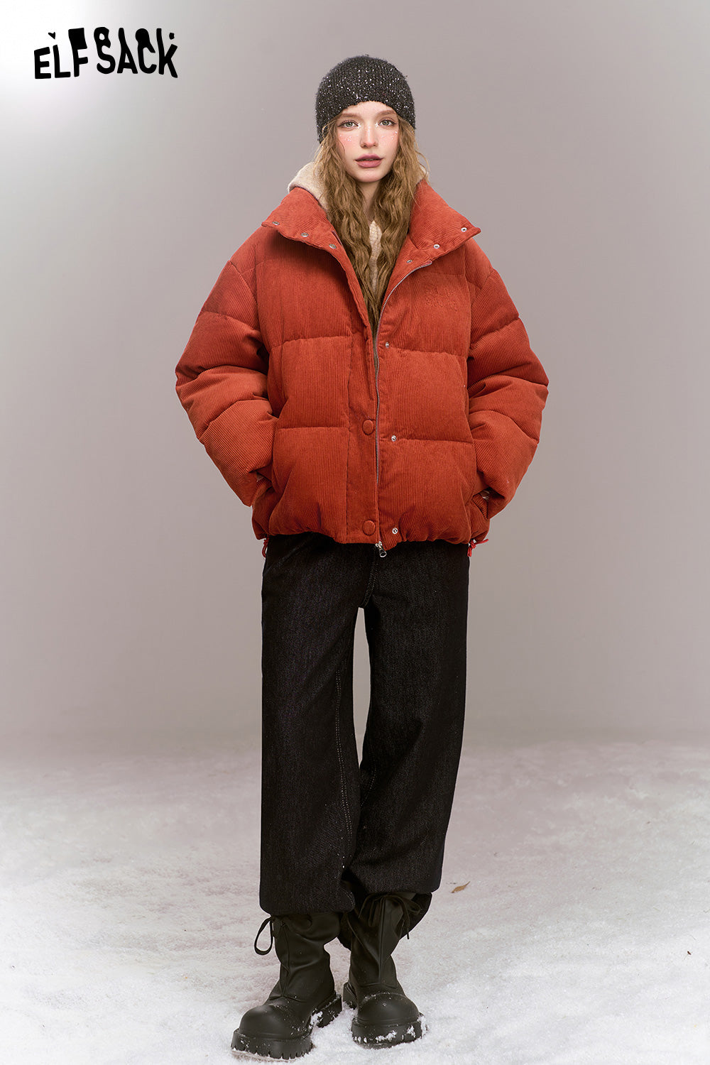 ELFSACK Retro casual short down jacket, stand-up collar, dropped shoulders, corduroy, thick and warm