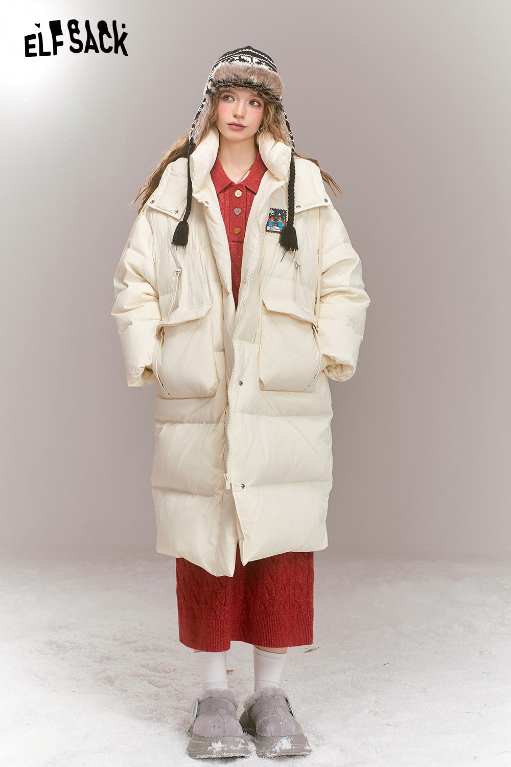 ELFSACK Women's mid-length hooded down jacket cartoon fox patch, thick warm coat