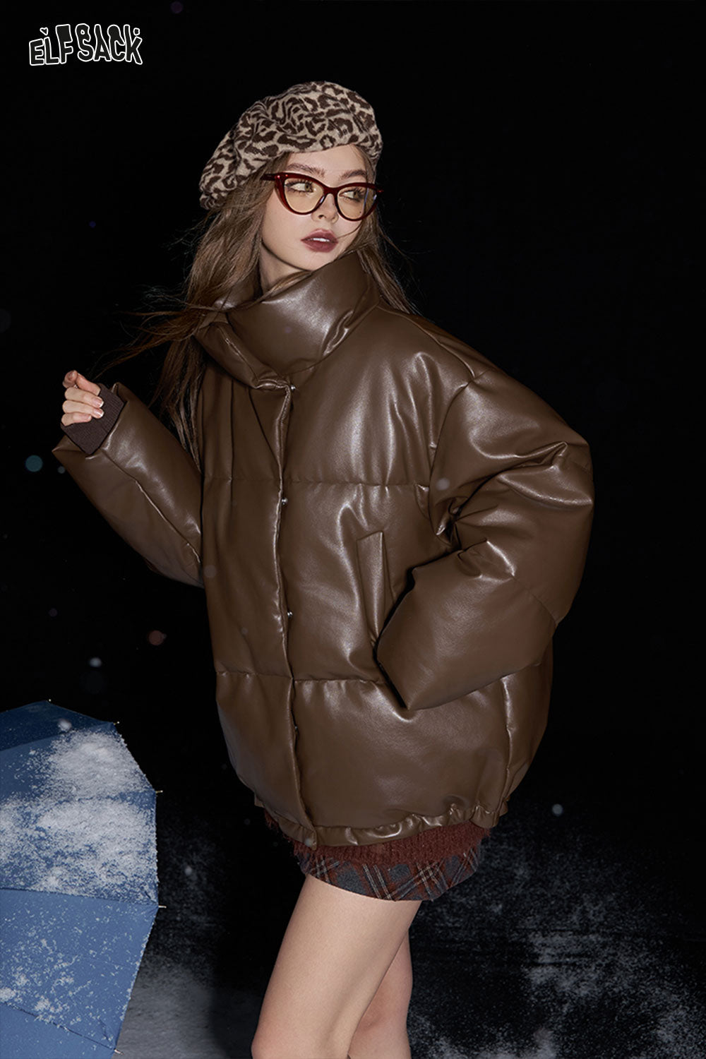 ELFSACK Retro brown duck down pu leather short down jacket