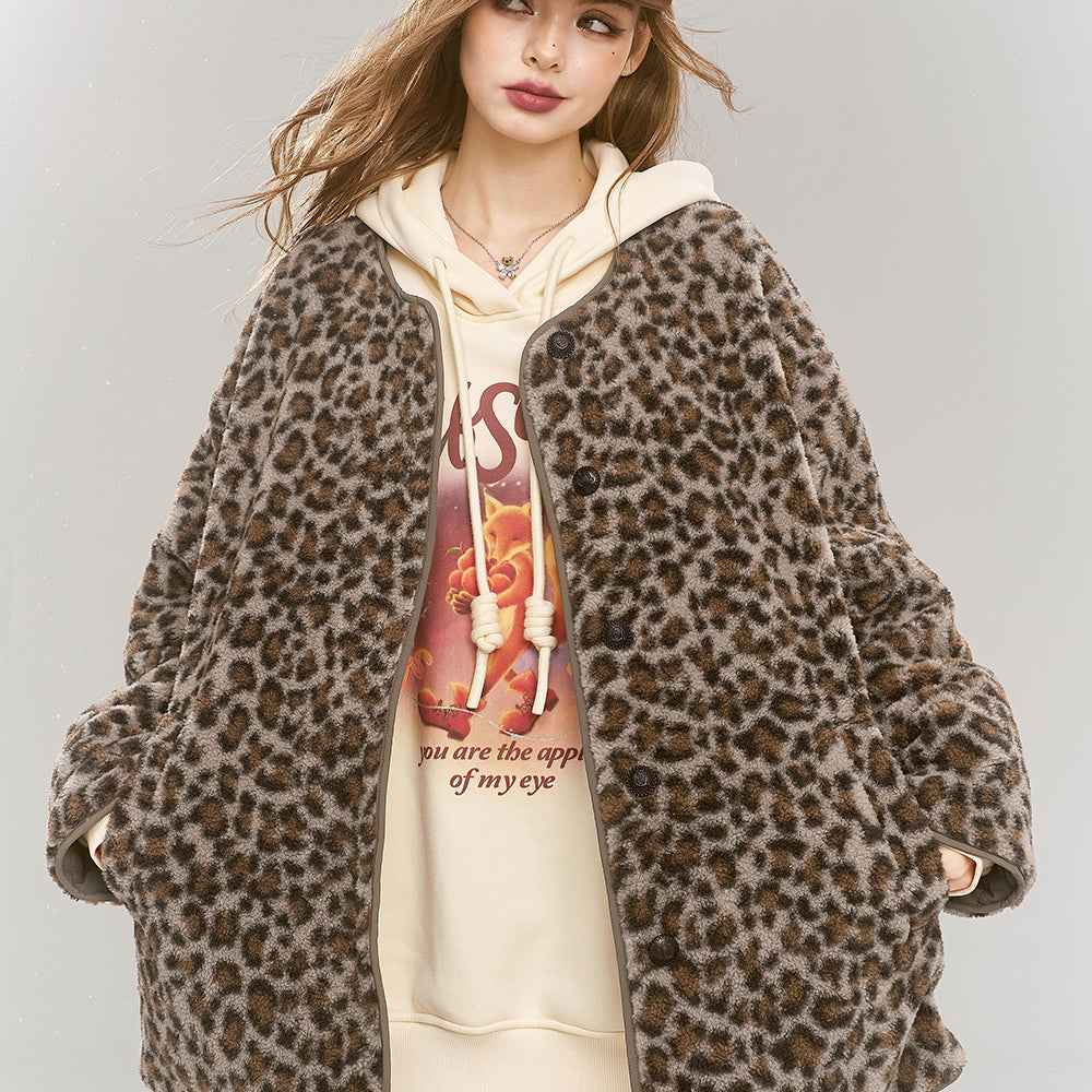 ELFSACK 2024 Winter New Arrivals Reversible Brown Leopard Print Plush Thickened Coat for Women