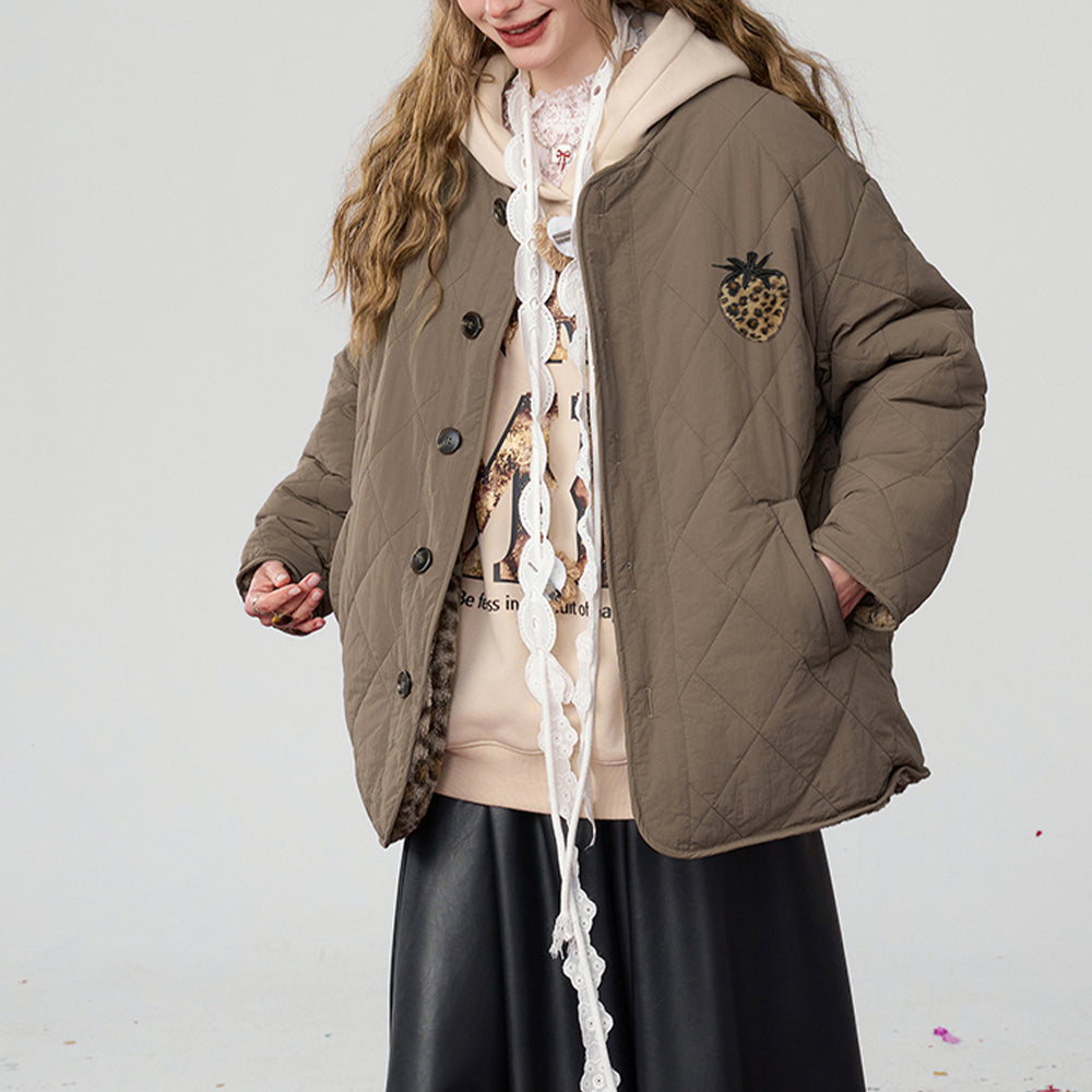 ELFSACK 2024 Winter New Arrivals Reversible Brown Leopard Print Plush Thickened Coat for Women