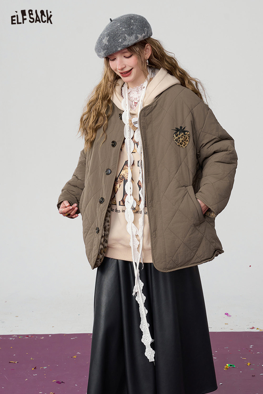 ELFSACK Reversible Brown Leopard Print Plush Thickened Coat
