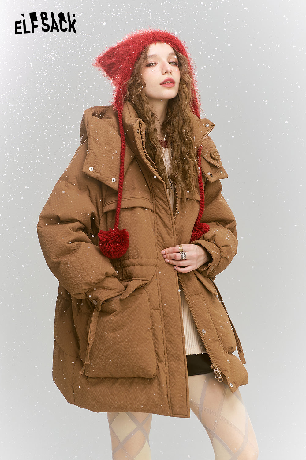 ★ELF SACK★ ゆったり ロゴ dog柄 ファー付 アウター/送料込 ELFSACK アウター ジャケット 犬 厚手 ショート丈 ファー襟
