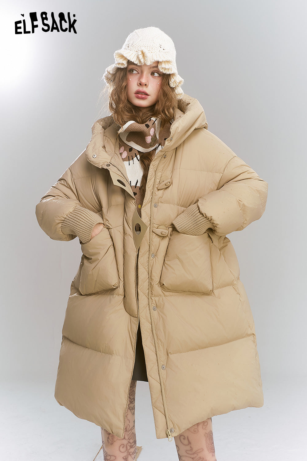 ELFSACK Casual loose medium hooded warm down jacket, with threaded cuffs and cow horn buttons