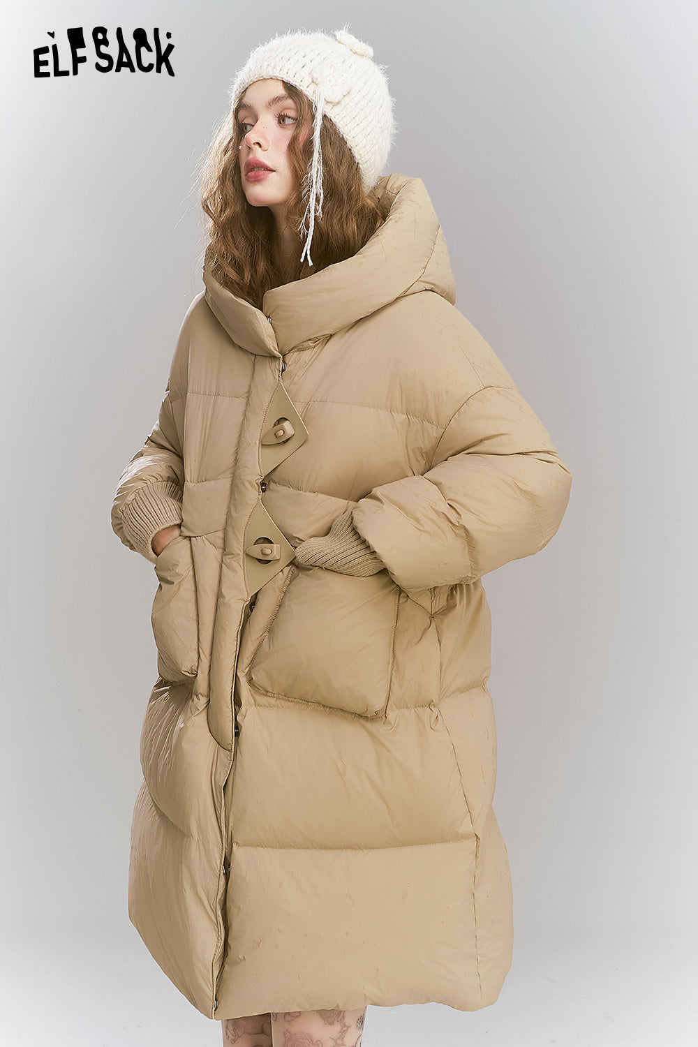 ELFSACK Casual loose medium hooded warm down jacket, with threaded cuffs and cow horn buttons