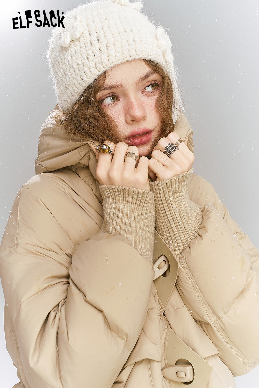 ELFSACK Casual loose medium hooded warm down jacket, with threaded cuffs and cow horn buttons