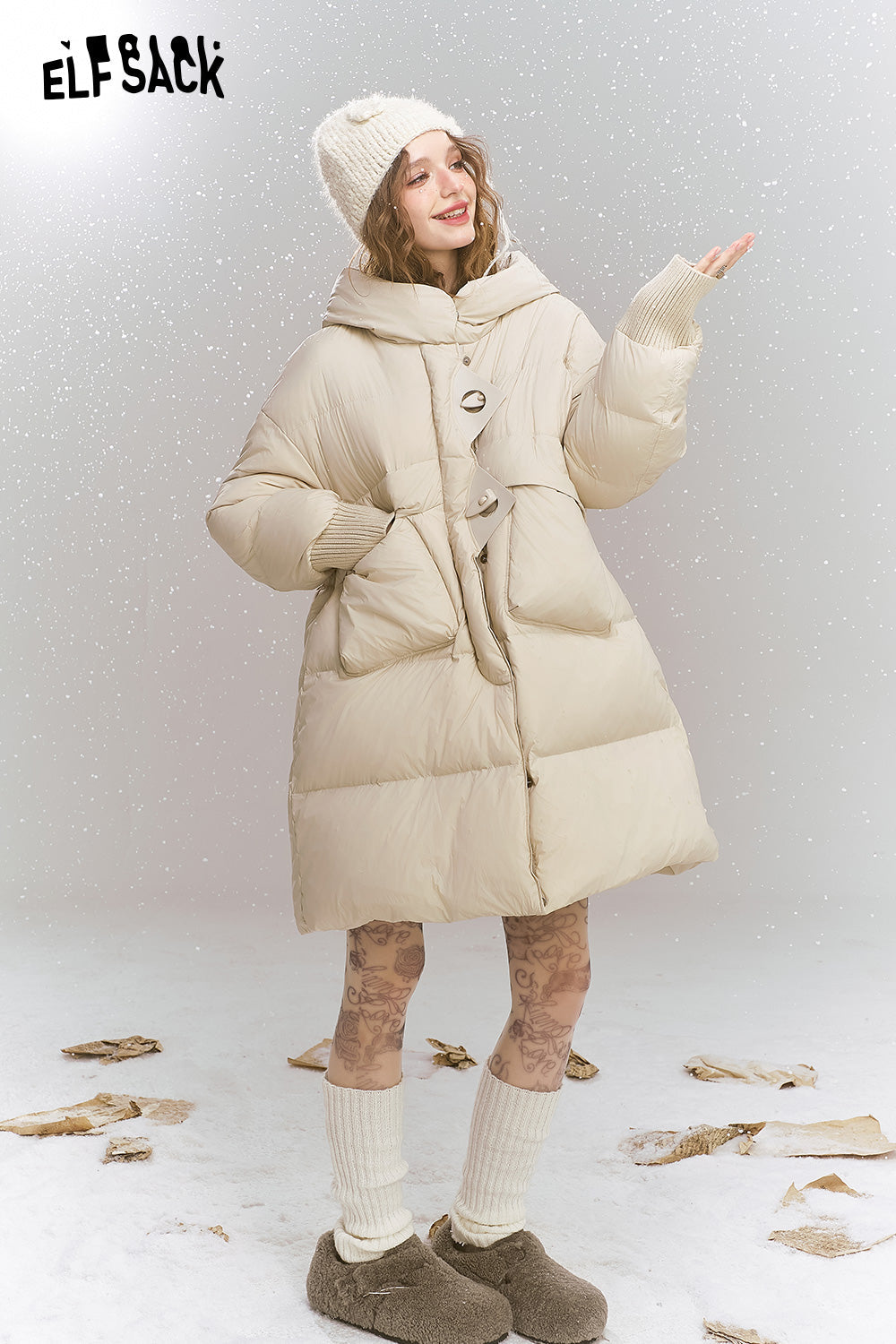ELFSACK Casual loose medium hooded warm down jacket, with threaded cuffs and cow horn buttons