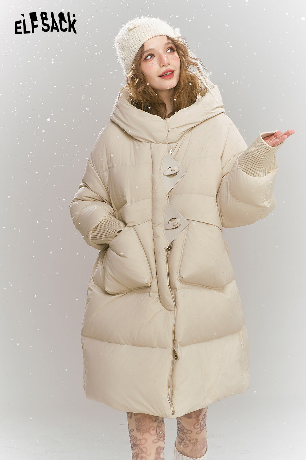 ELFSACK Casual loose medium hooded warm down jacket, with threaded cuffs and cow horn buttons