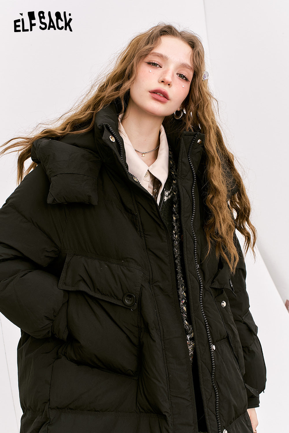 ELFSACK Simplicity casual loose mid-length hooded warm down jacket