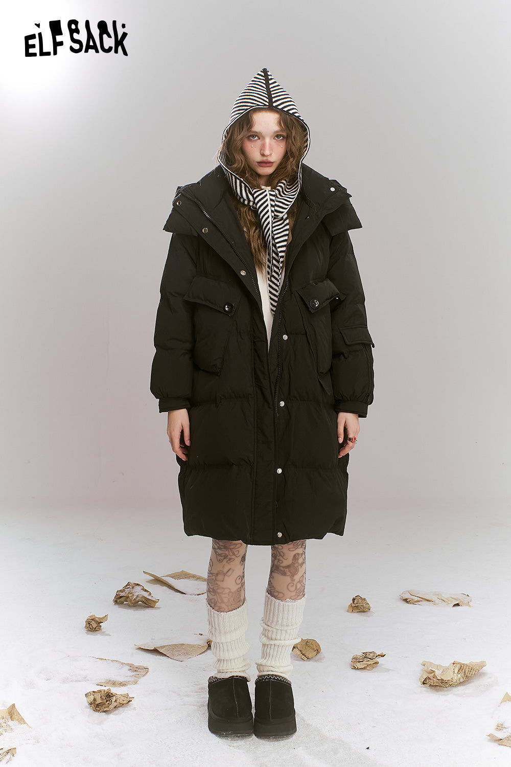 ELFSACK Simplicity casual loose mid-length hooded warm down jacket