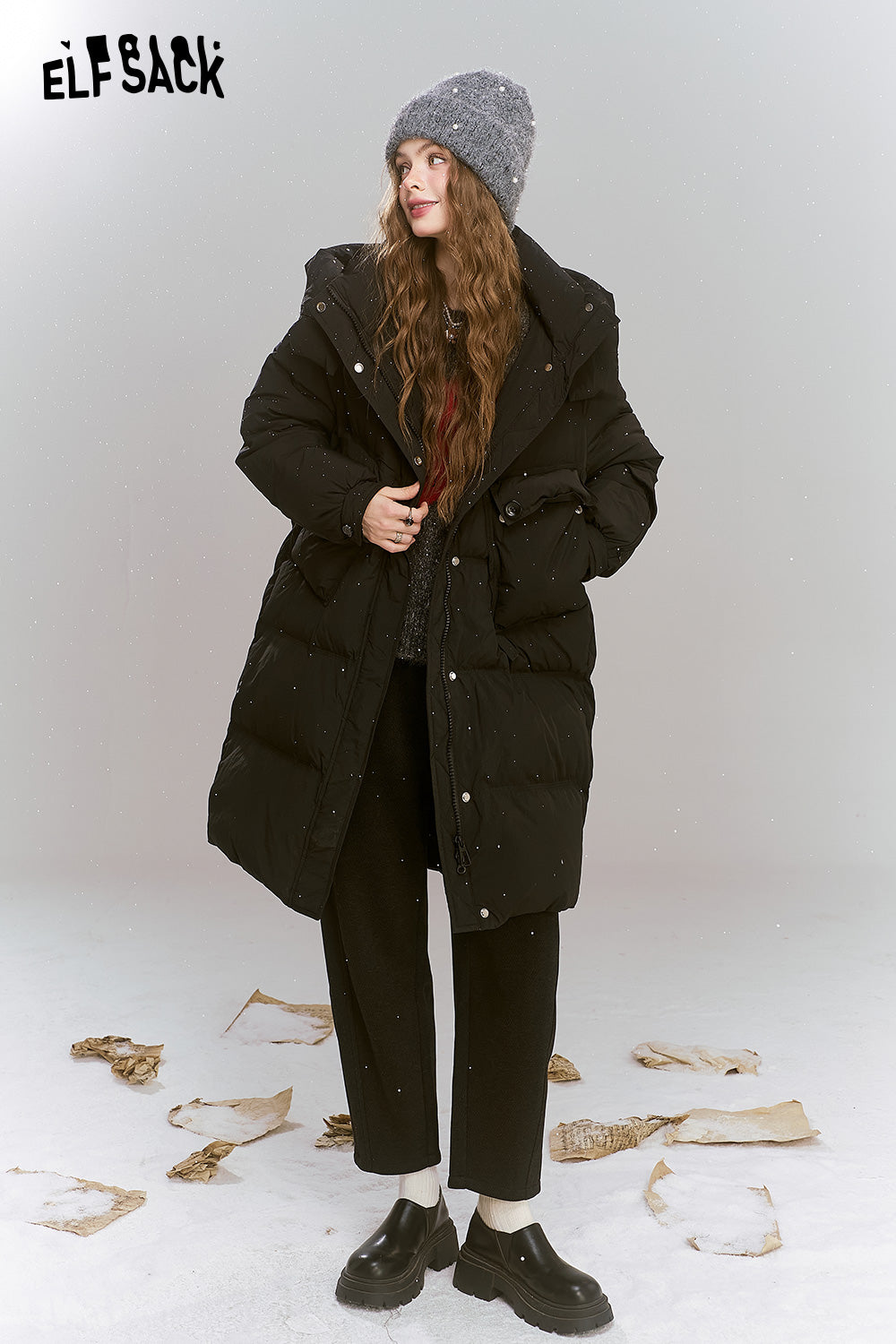ELFSACK Simplicity casual loose mid-length hooded warm down jacket