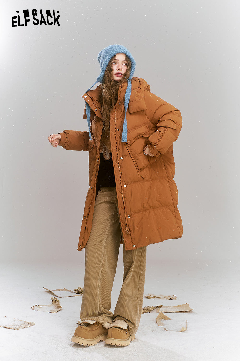 ELFSACK Simplicity casual loose mid-length hooded warm down jacket