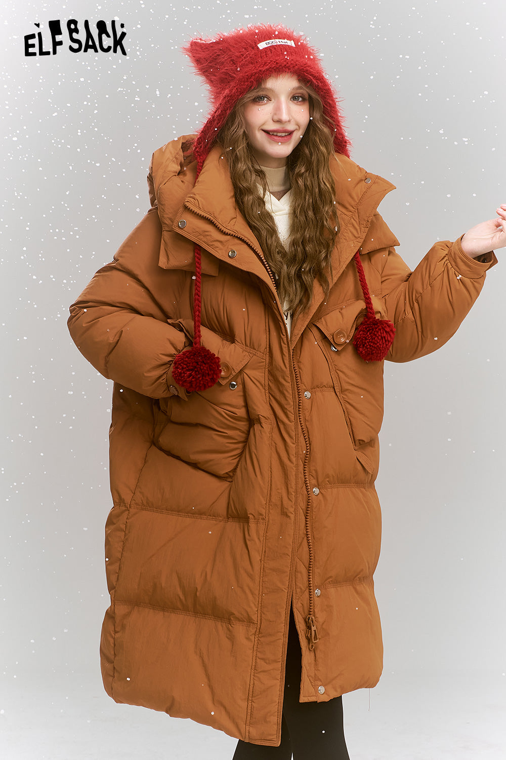 ELFSACK Simplicity casual loose mid-length hooded warm down jacket