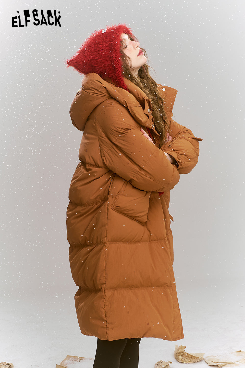 ELFSACK Simplicity casual loose mid-length hooded warm down jacket