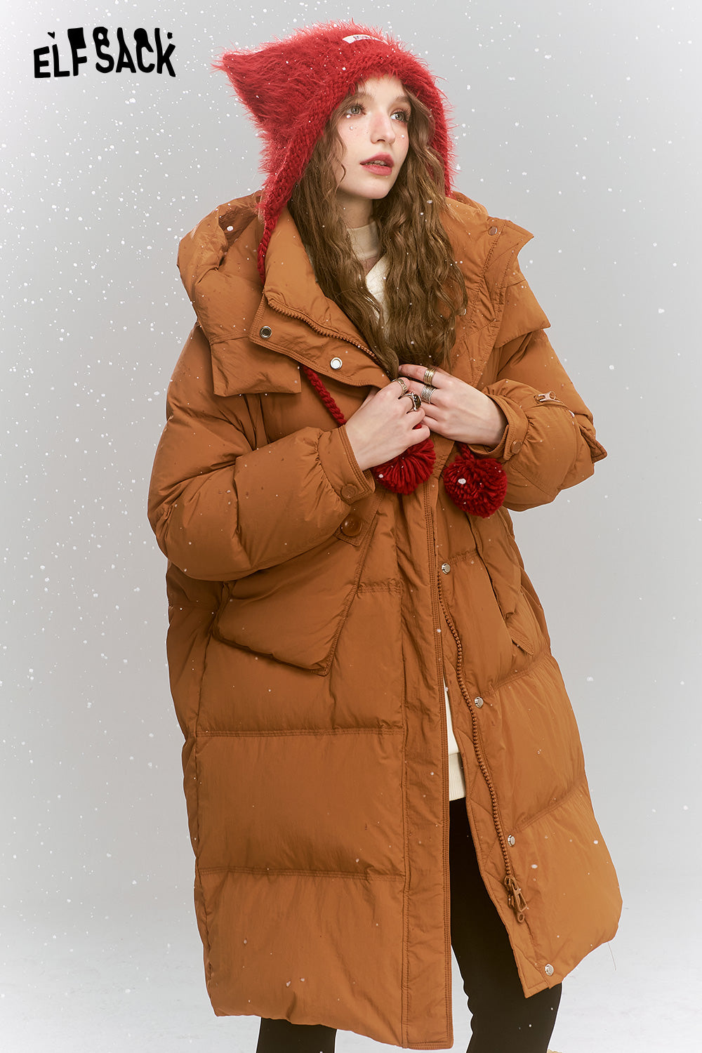 ELFSACK Simplicity casual loose mid-length hooded warm down jacket
