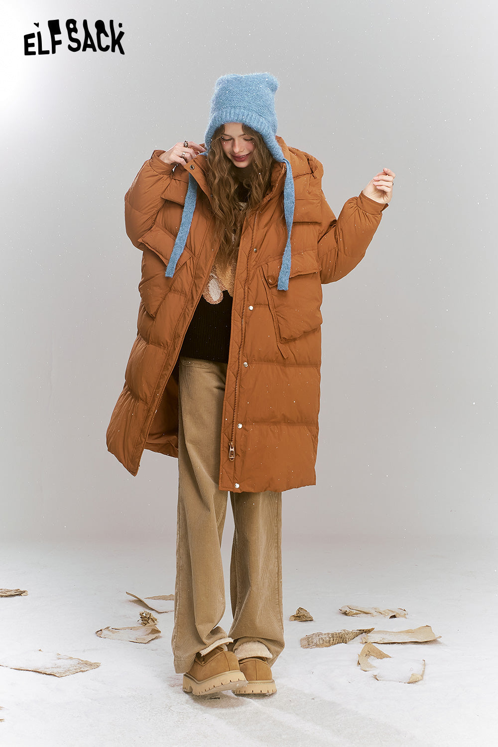 ELFSACK Simplicity casual loose mid-length hooded warm down jacket