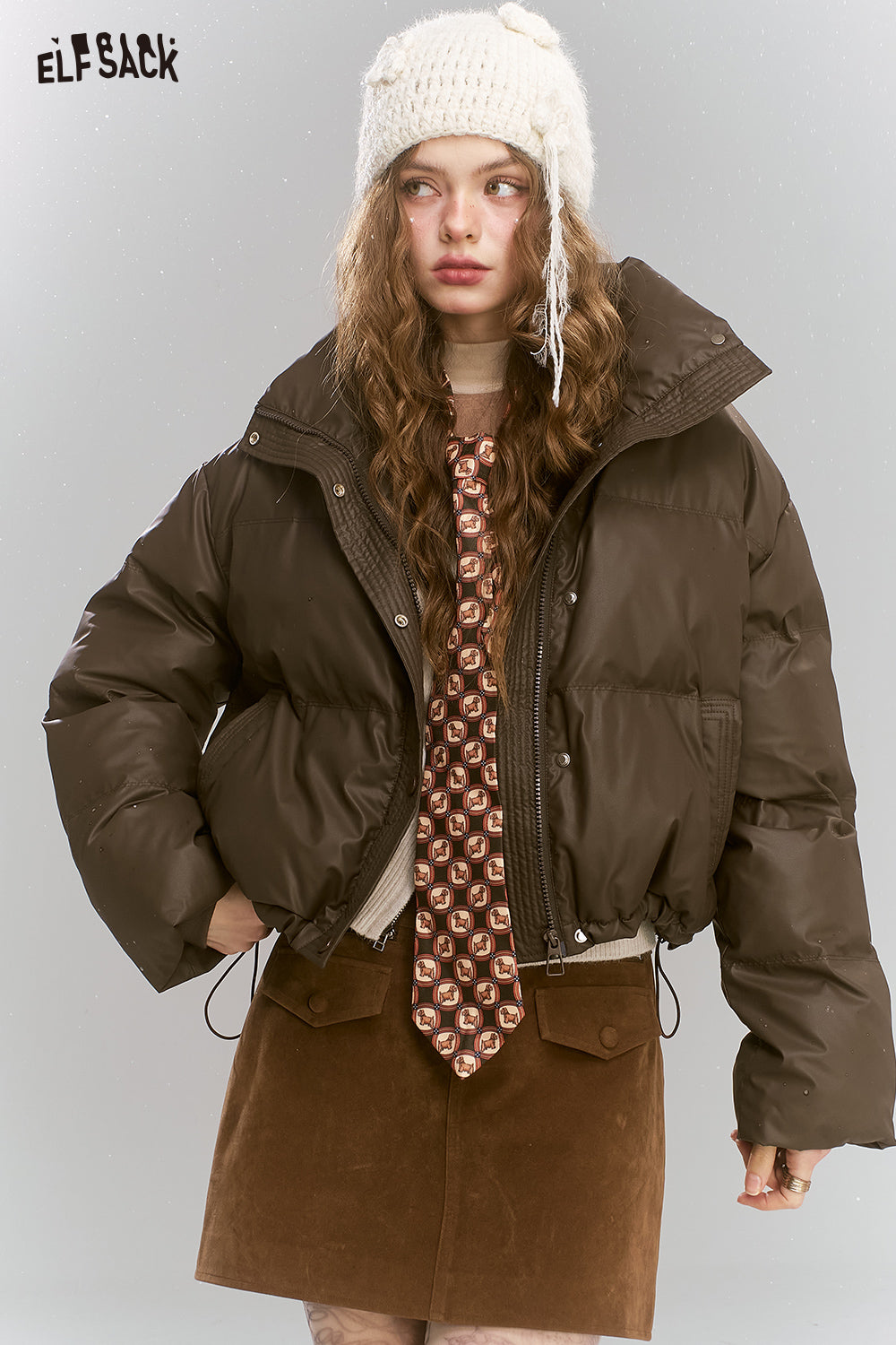 ELFSACK Retro brown short stand collar warm thickened coat