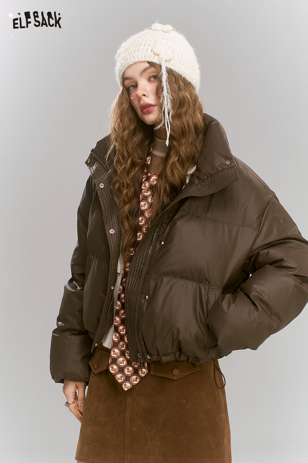 ELFSACK Retro brown short stand collar warm thickened coat