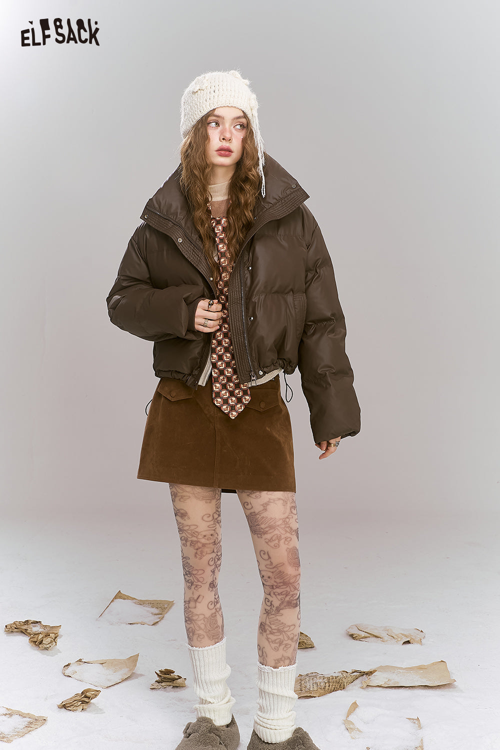 ELFSACK Retro brown short stand collar warm thickened coat