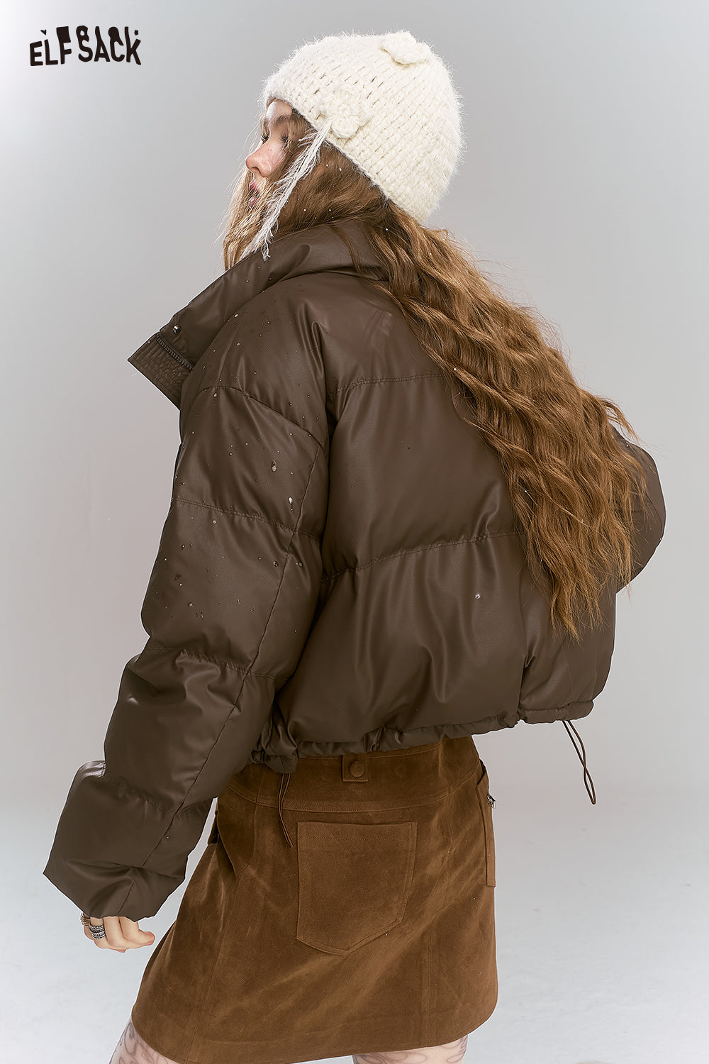 ELFSACK Retro brown short stand collar warm thickened coat