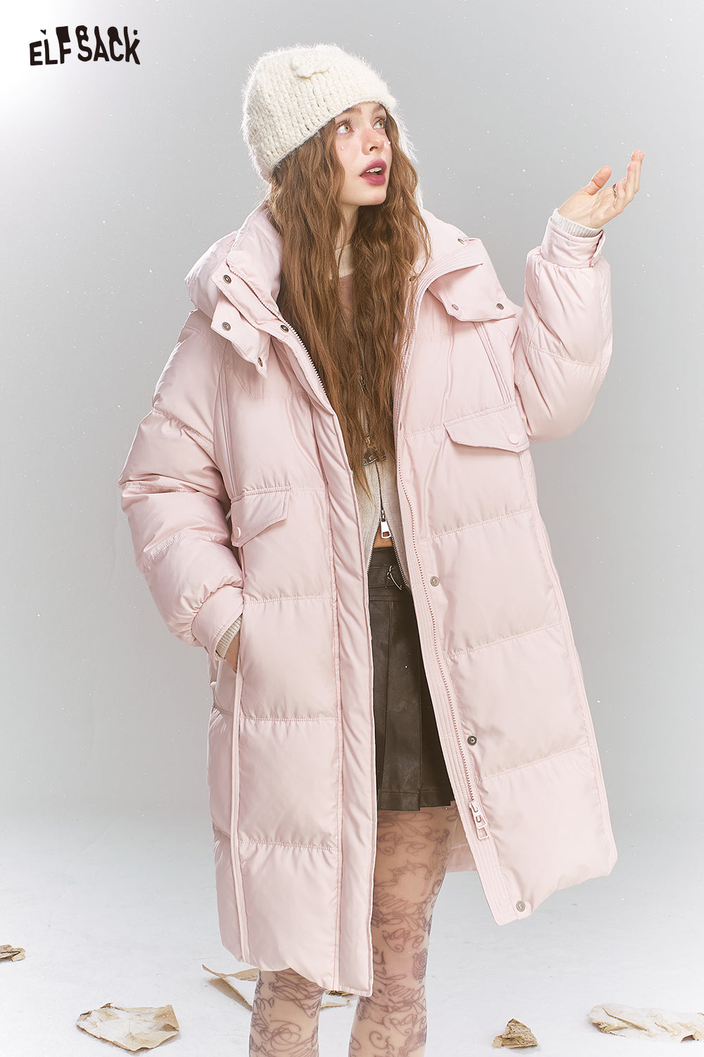 ELFSACK Sweet Preppy style hooded down jacket long warm thick coat