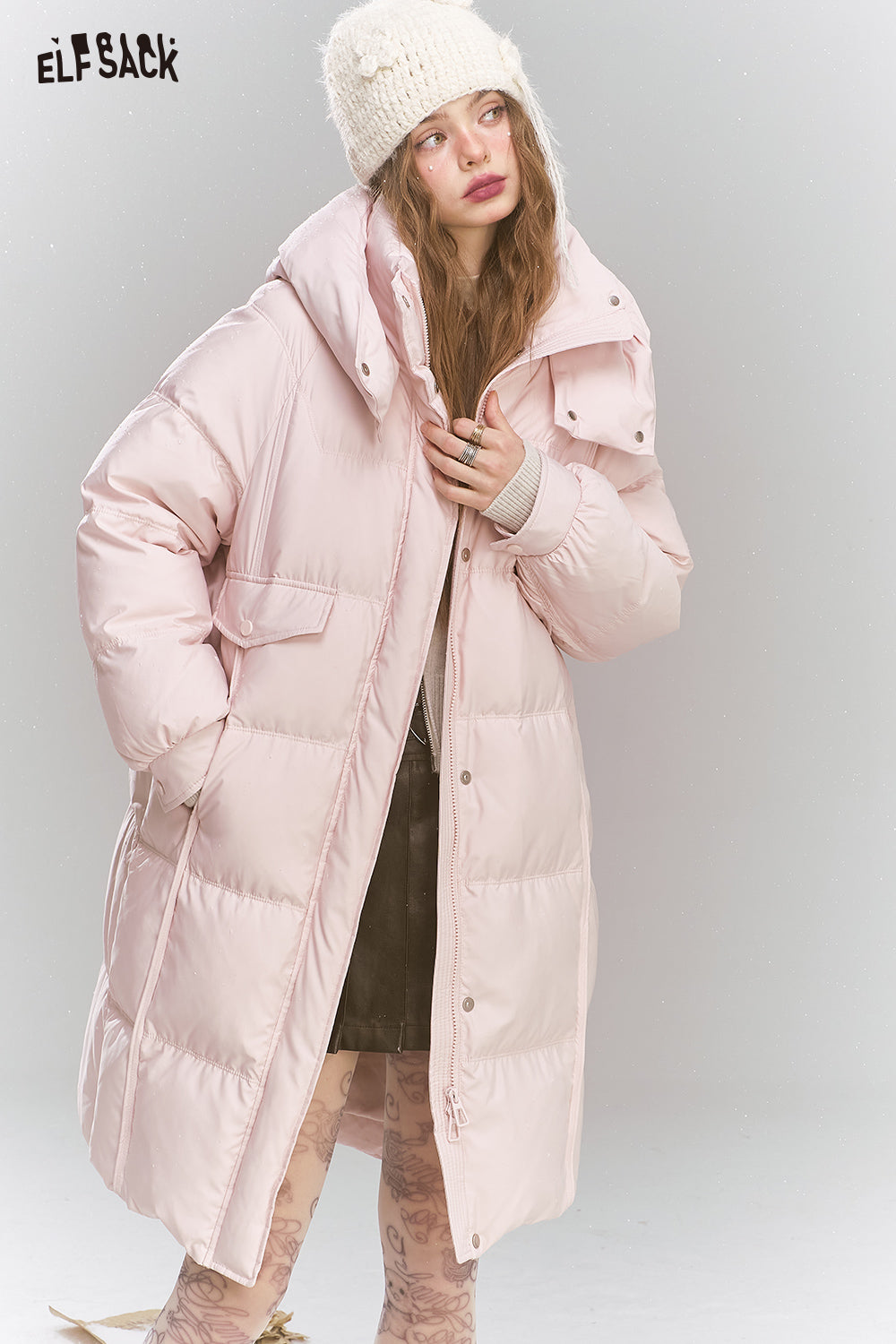 ELFSACK Sweet Preppy style hooded down jacket long warm thick coat