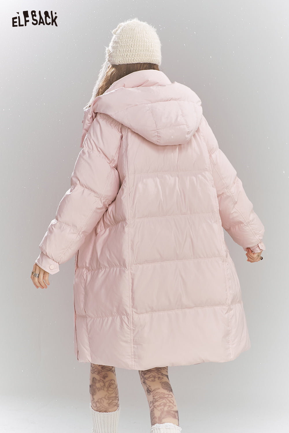 ELFSACK Sweet Preppy style hooded down jacket long warm thick coat