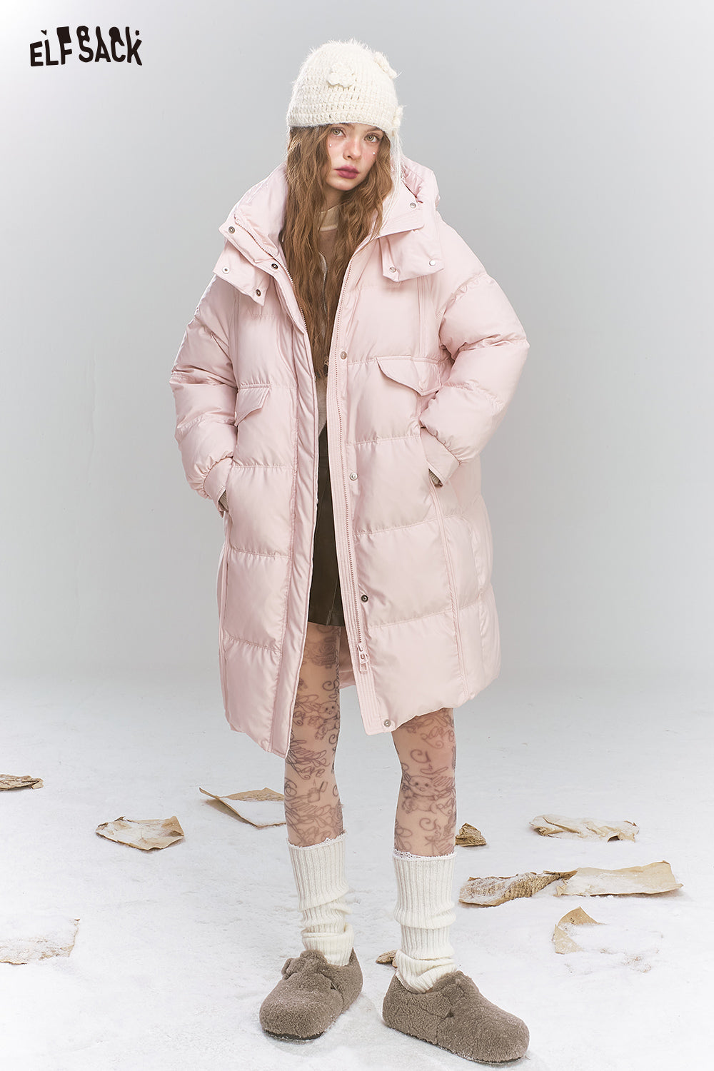 ELFSACK Sweet Preppy style hooded down jacket long warm thick coat