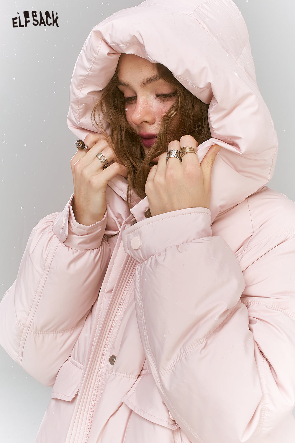 ELFSACK Sweet Preppy style hooded down jacket long warm thick coat