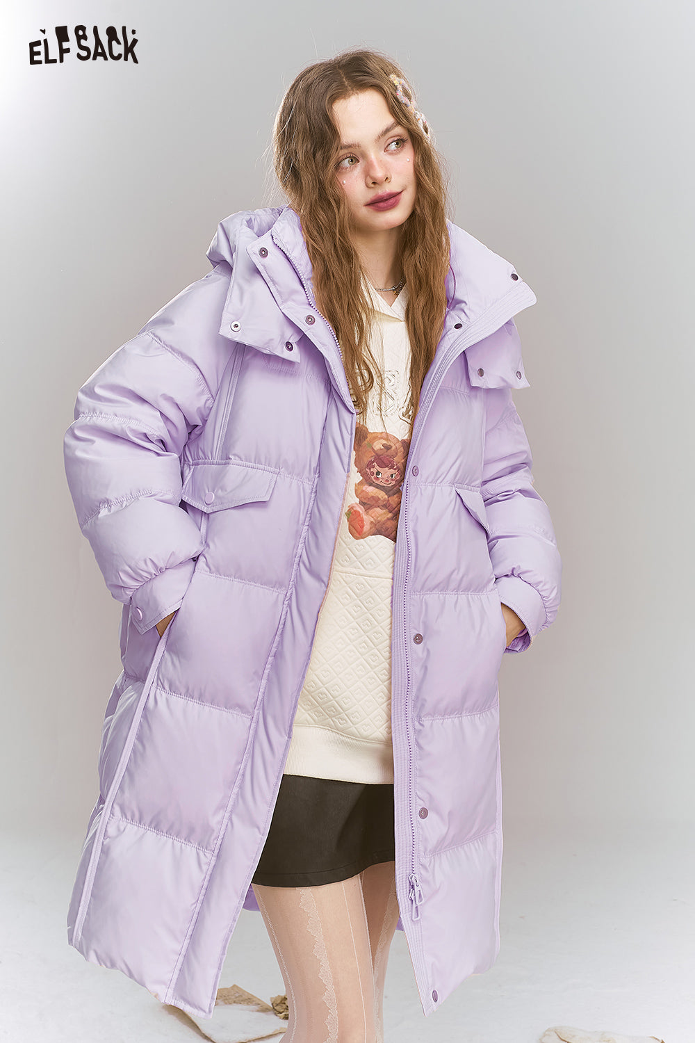 ELFSACK Sweet Preppy style hooded down jacket long warm thick coat
