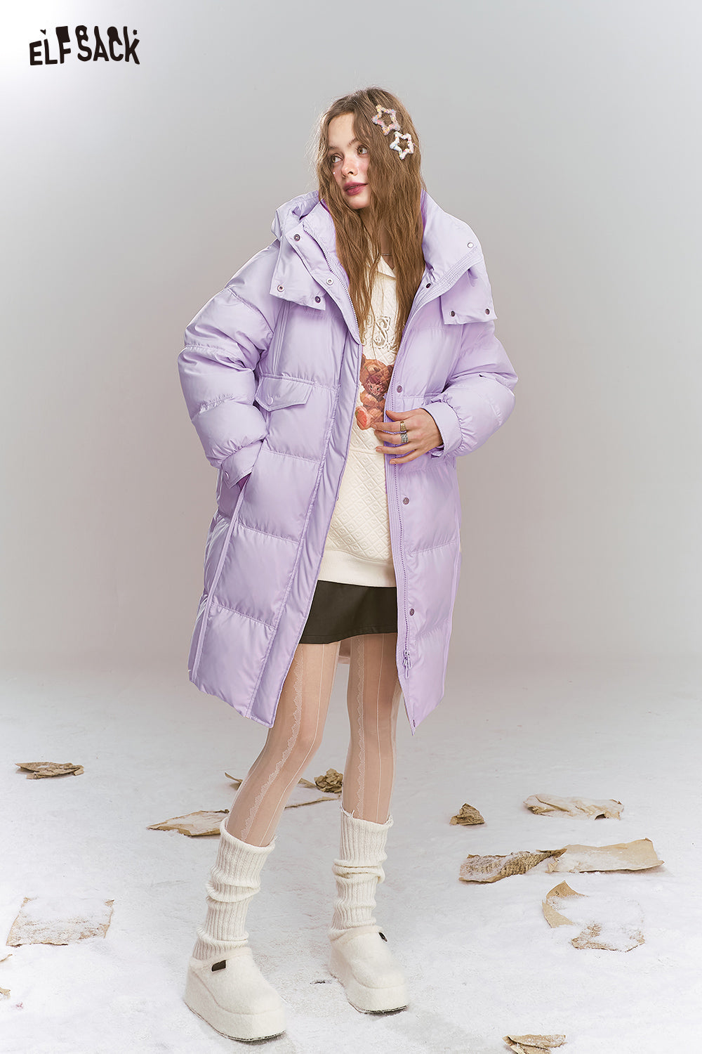 ELFSACK Sweet Preppy style hooded down jacket long warm thick coat