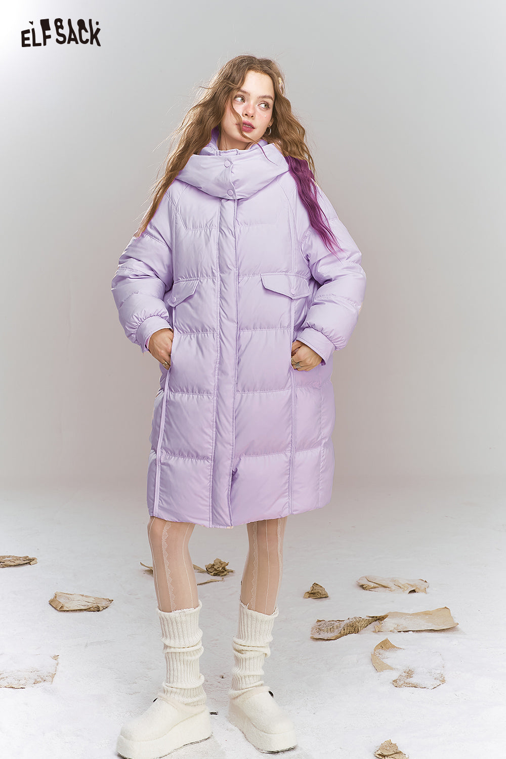 ELFSACK Sweet Preppy style hooded down jacket long warm thick coat