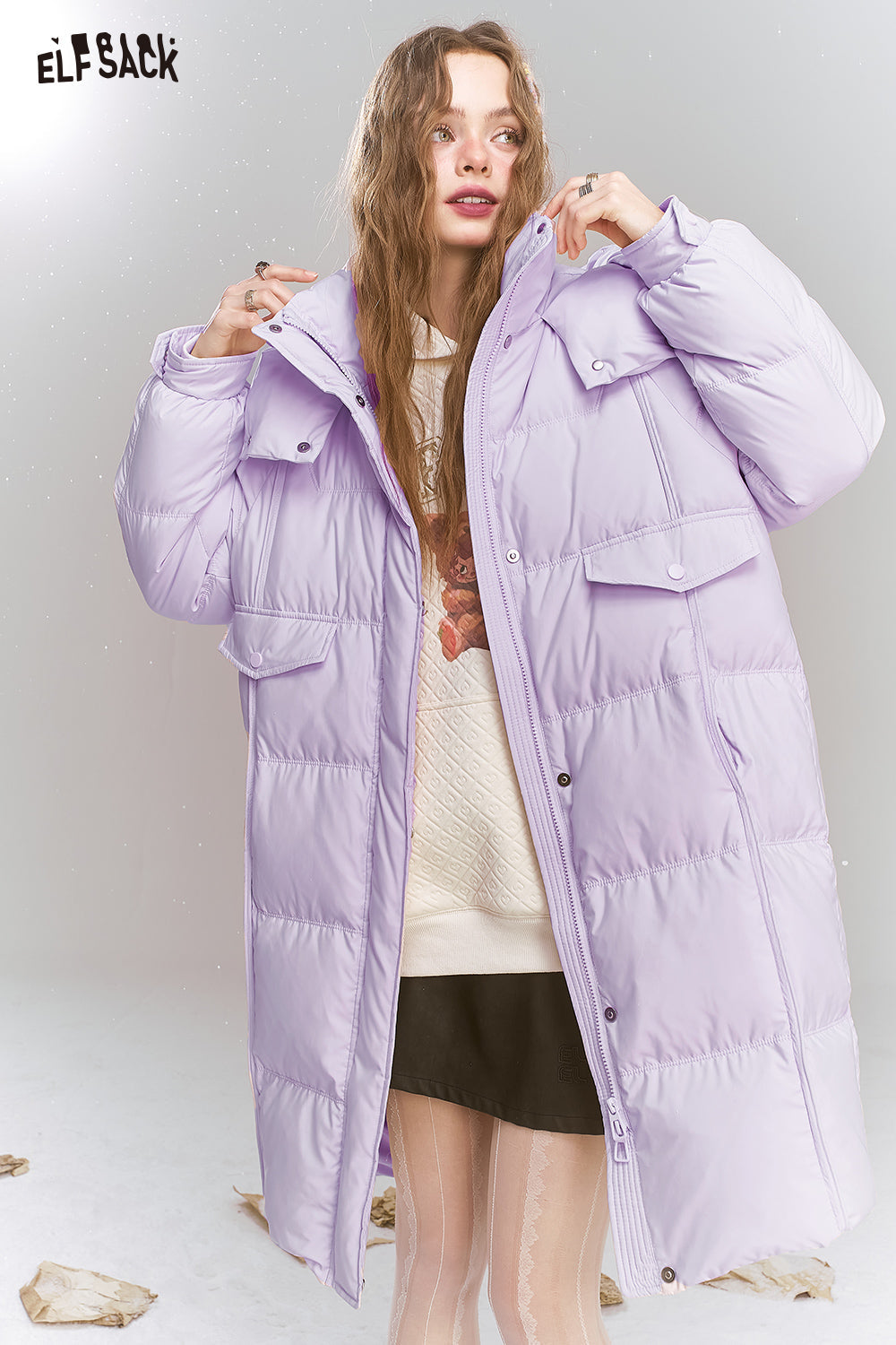 ELFSACK Sweet Preppy style hooded down jacket long warm thick coat