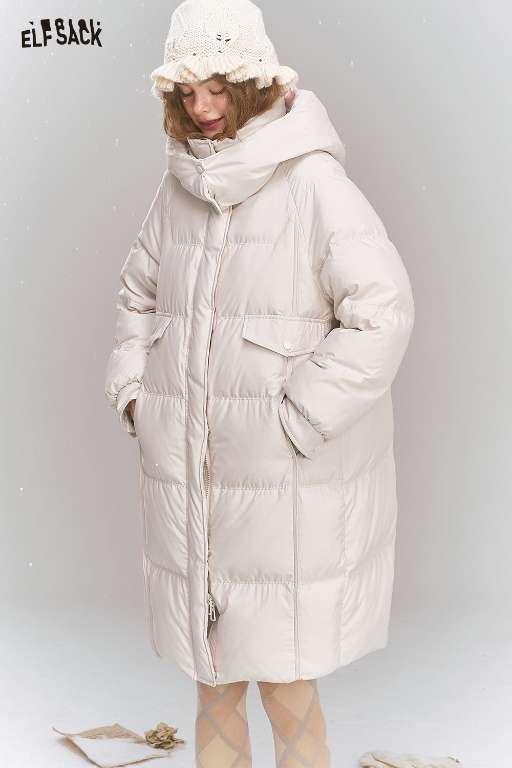 ELFSACK Sweet Preppy style hooded down jacket long warm thick coat