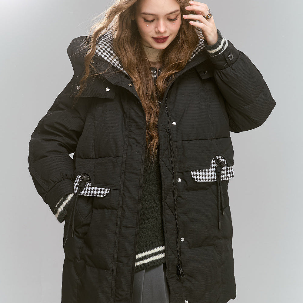 
                  
                    ELFSACK 2024 Winter New Arrivals Preppy style mid-length hooded plaid patchwork down jacket for women
                  
                