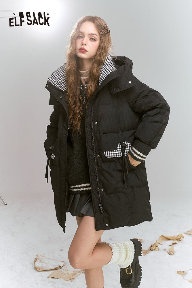 
                  
                    ELFSACK 2024 Winter New Arrivals Preppy style mid-length hooded plaid patchwork down jacket for women
                  
                