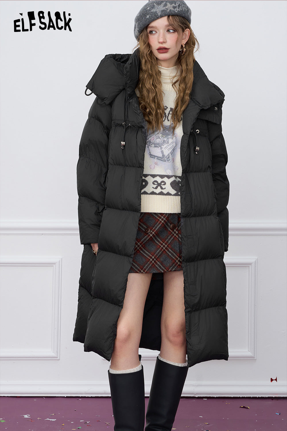 ELFSACK Retro loose woven plain weave medium hooded warm down jacket,