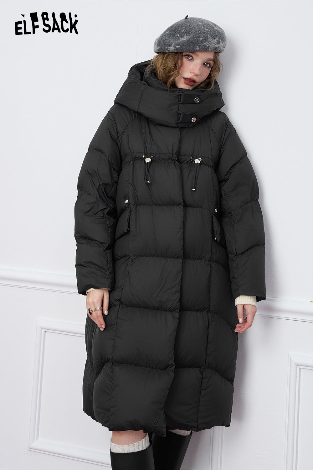 ELFSACK Retro loose woven plain weave medium hooded warm down jacket,