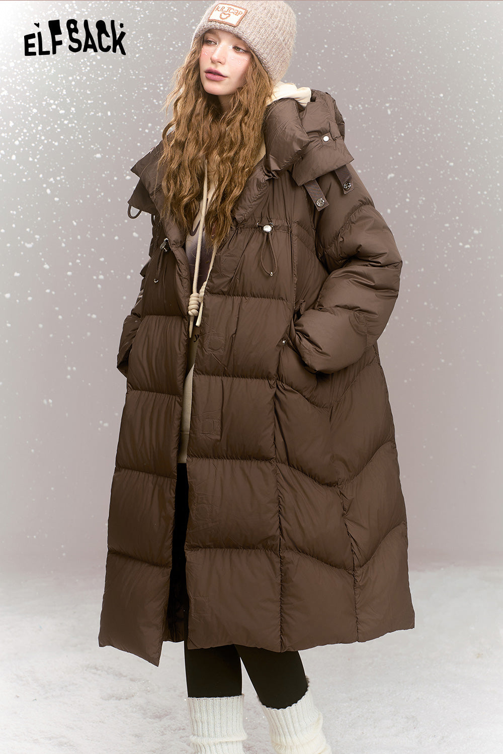 ELFSACK Retro loose woven plain weave medium hooded warm down jacket,