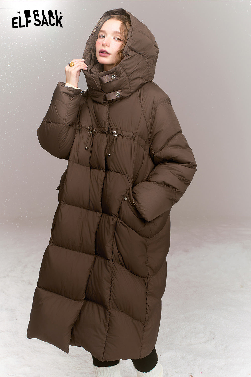 ELFSACK Retro loose woven plain weave medium hooded warm down jacket,