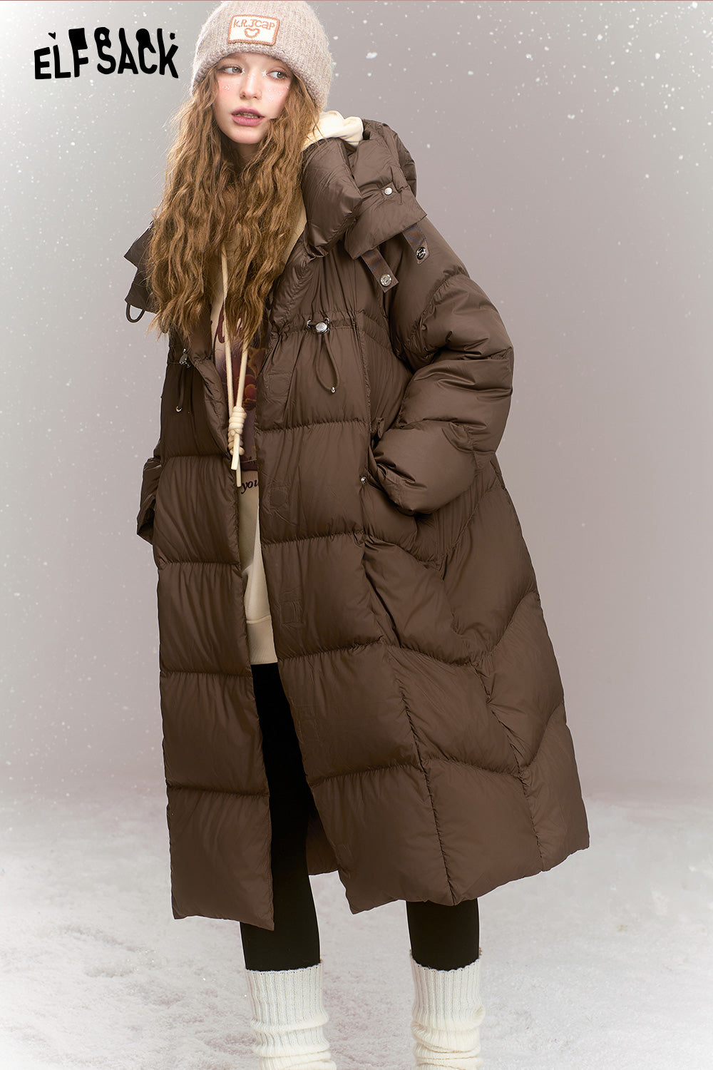 ELFSACK Retro loose woven plain weave medium hooded warm down jacket,