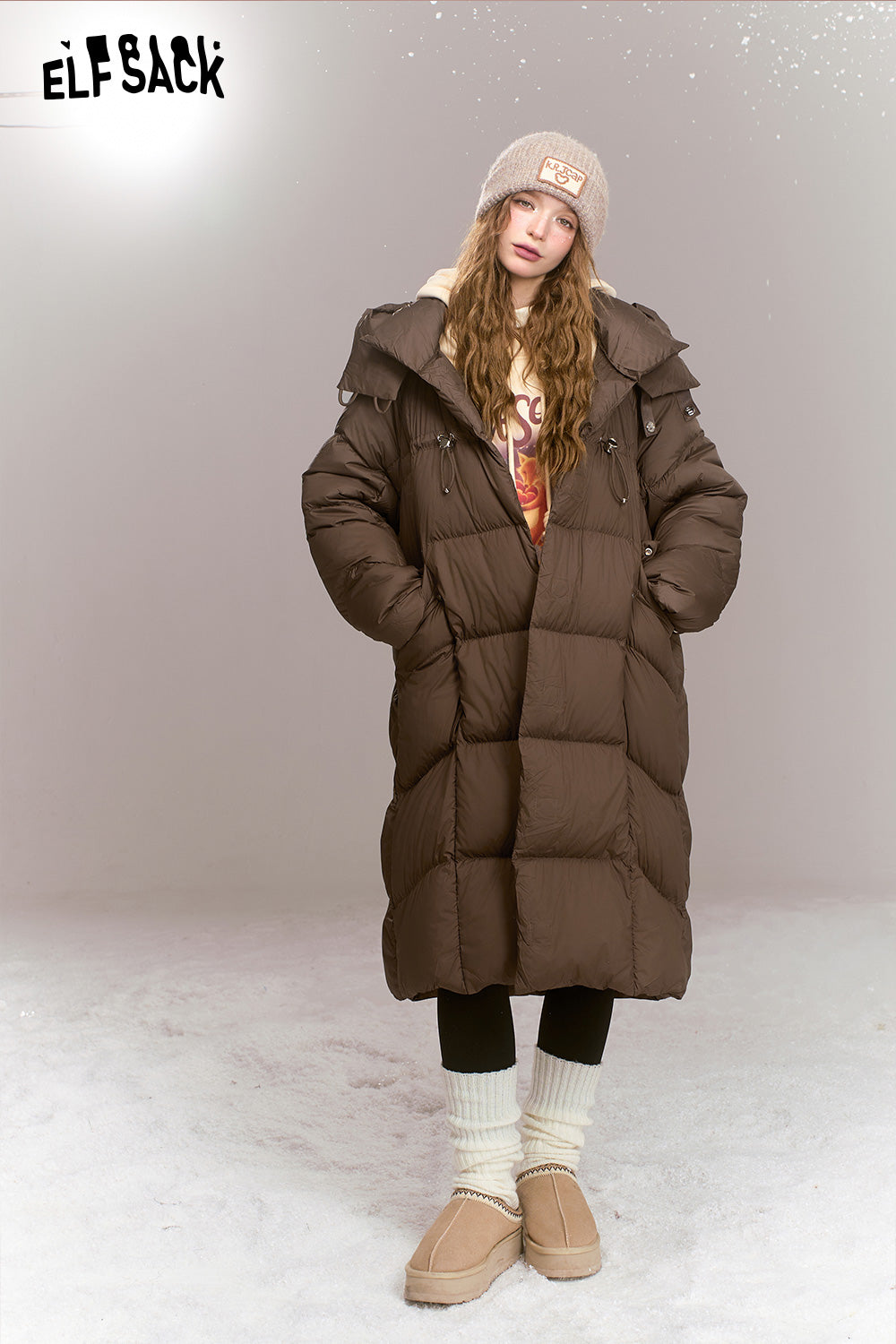 ELFSACK Retro loose woven plain weave medium hooded warm down jacket,