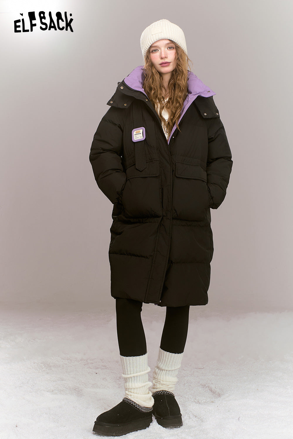 ELFSACK Fashionable loose contrast color mid-length hooded warm down jacket