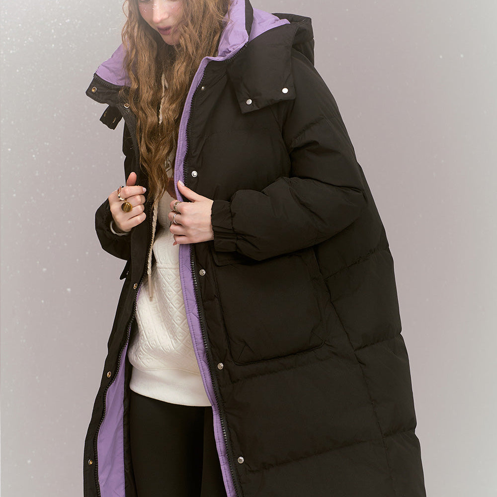 
                  
                    ELFSACK 2024 Winter New Arrivals Fashionable loose contrast color mid-length hooded warm down jacket for women
                  
                