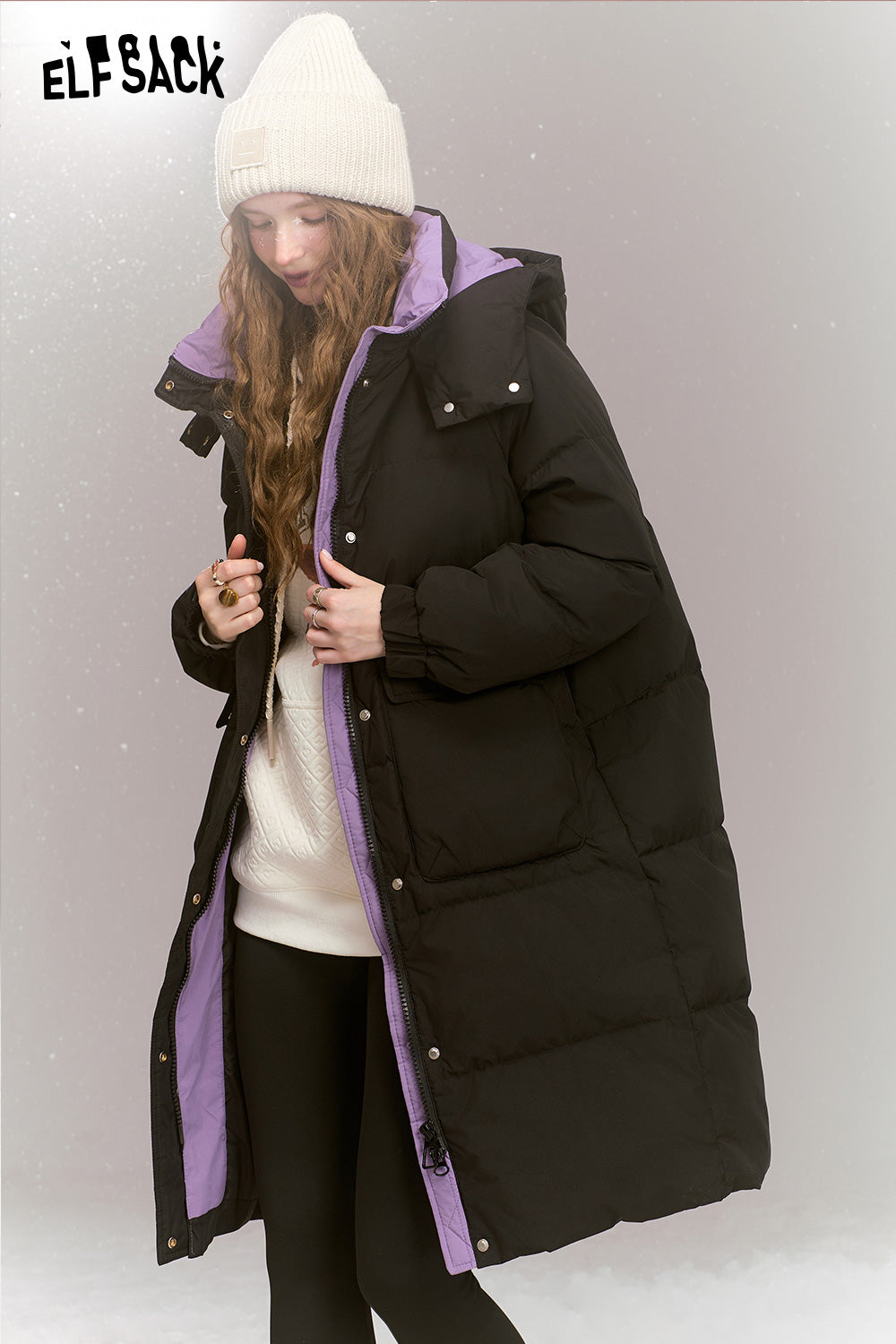 ELFSACK Fashionable loose contrast color mid-length hooded warm down jacket