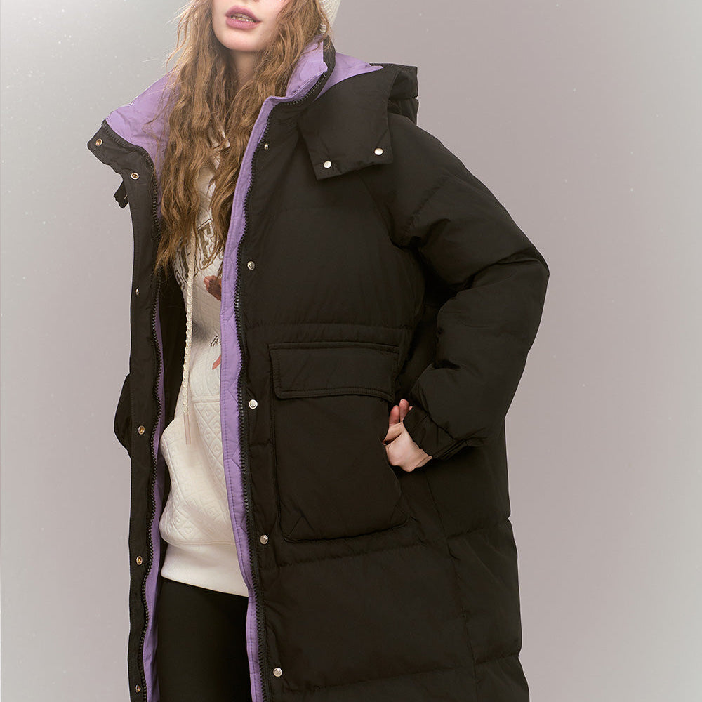 
                  
                    ELFSACK 2024 Winter New Arrivals Fashionable loose contrast color mid-length hooded warm down jacket for women
                  
                