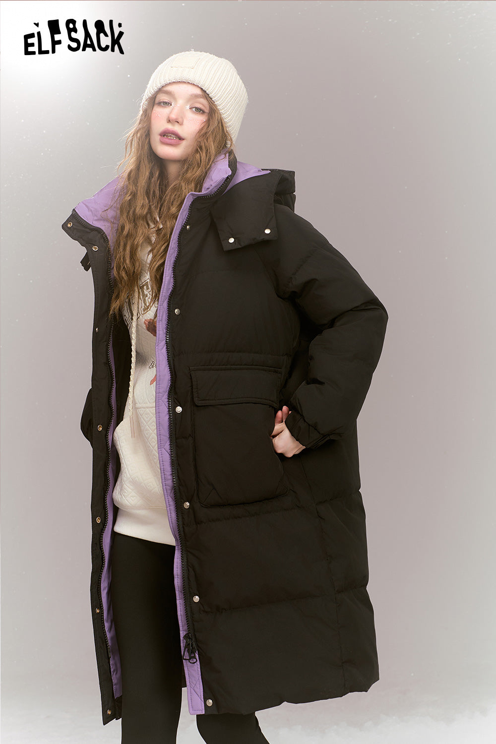 ELFSACK Fashionable loose contrast color mid-length hooded warm down jacket
