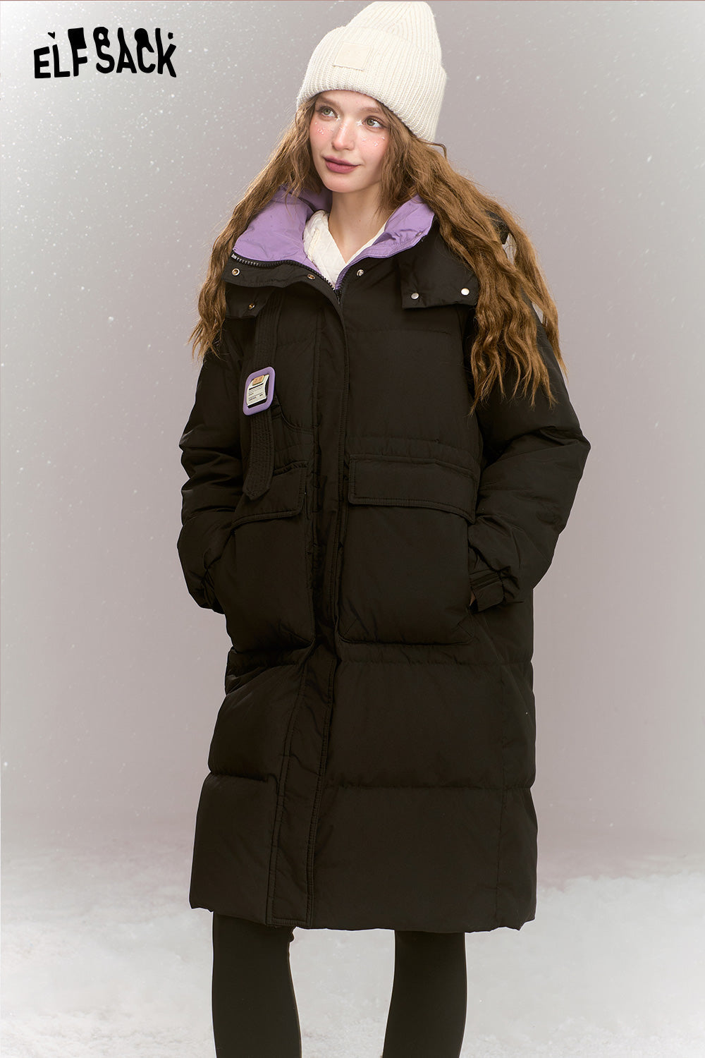 ELFSACK Fashionable loose contrast color mid-length hooded warm down jacket