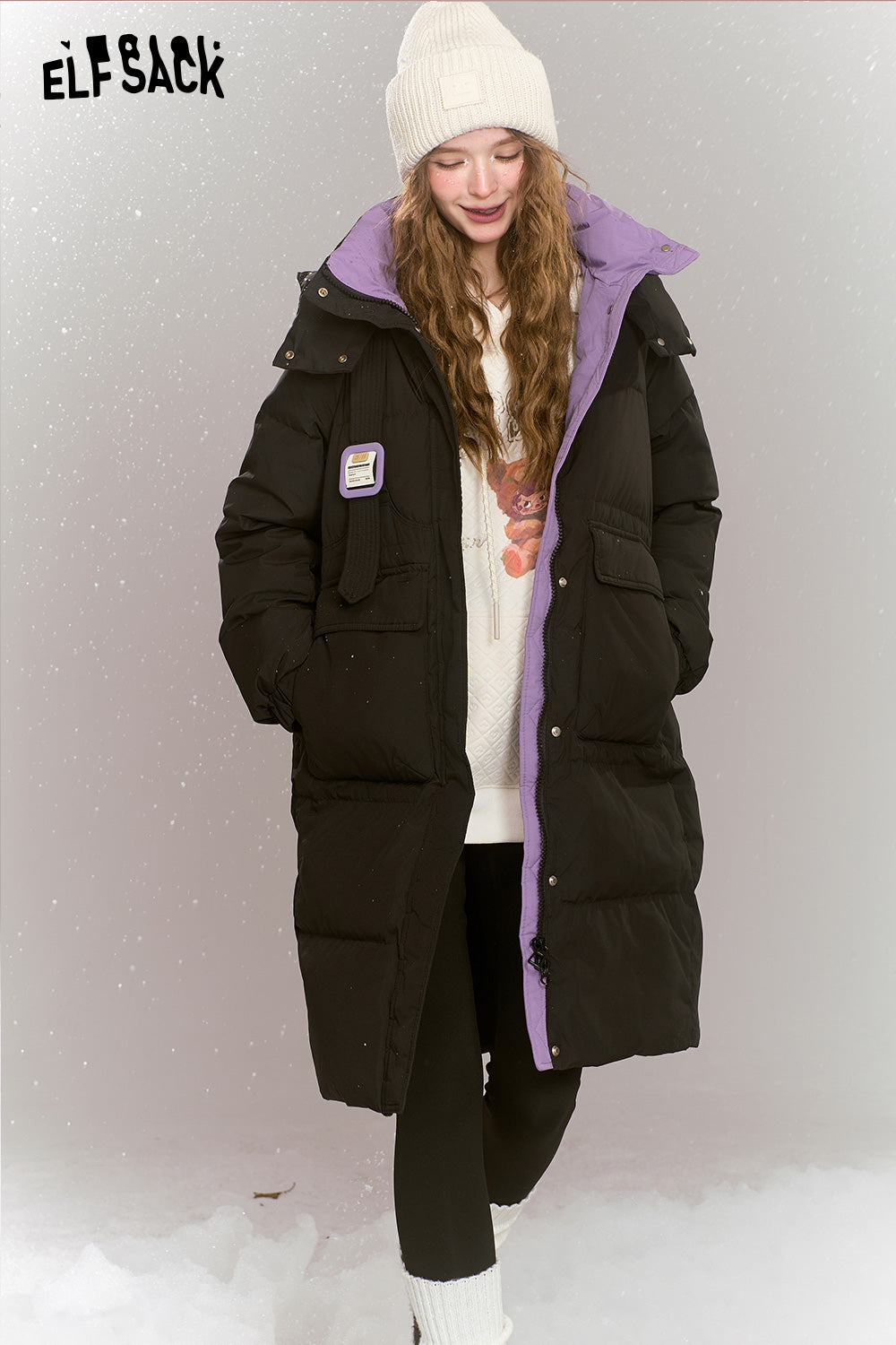 ELFSACK Fashionable loose contrast color mid-length hooded warm down jacket