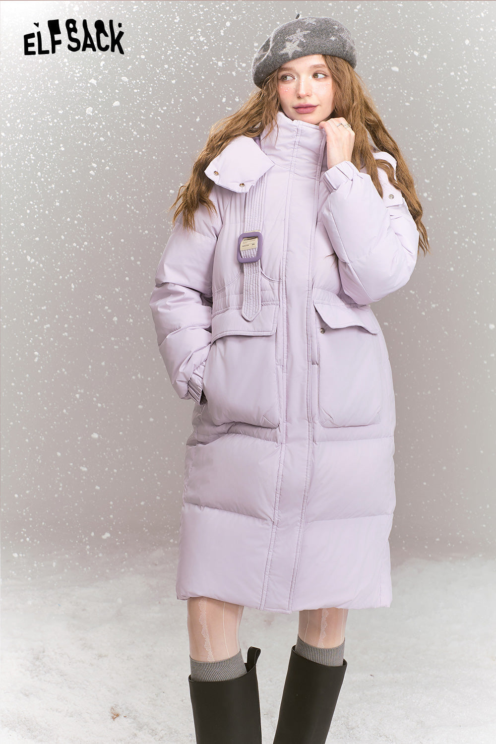 ELFSACK Fashionable loose contrast color mid-length hooded warm down jacket